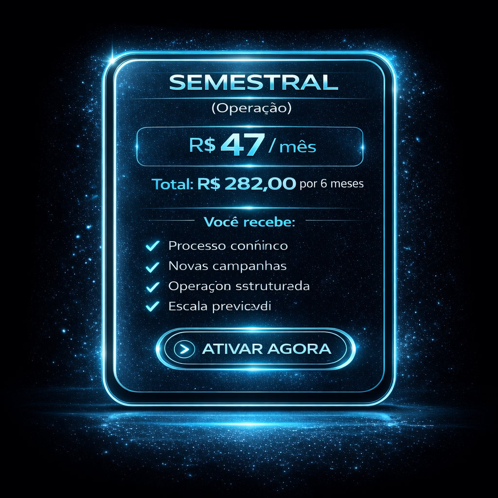 Plano semestral em cartão neon azul, R$ 47/mês e botão “Ativar agora”