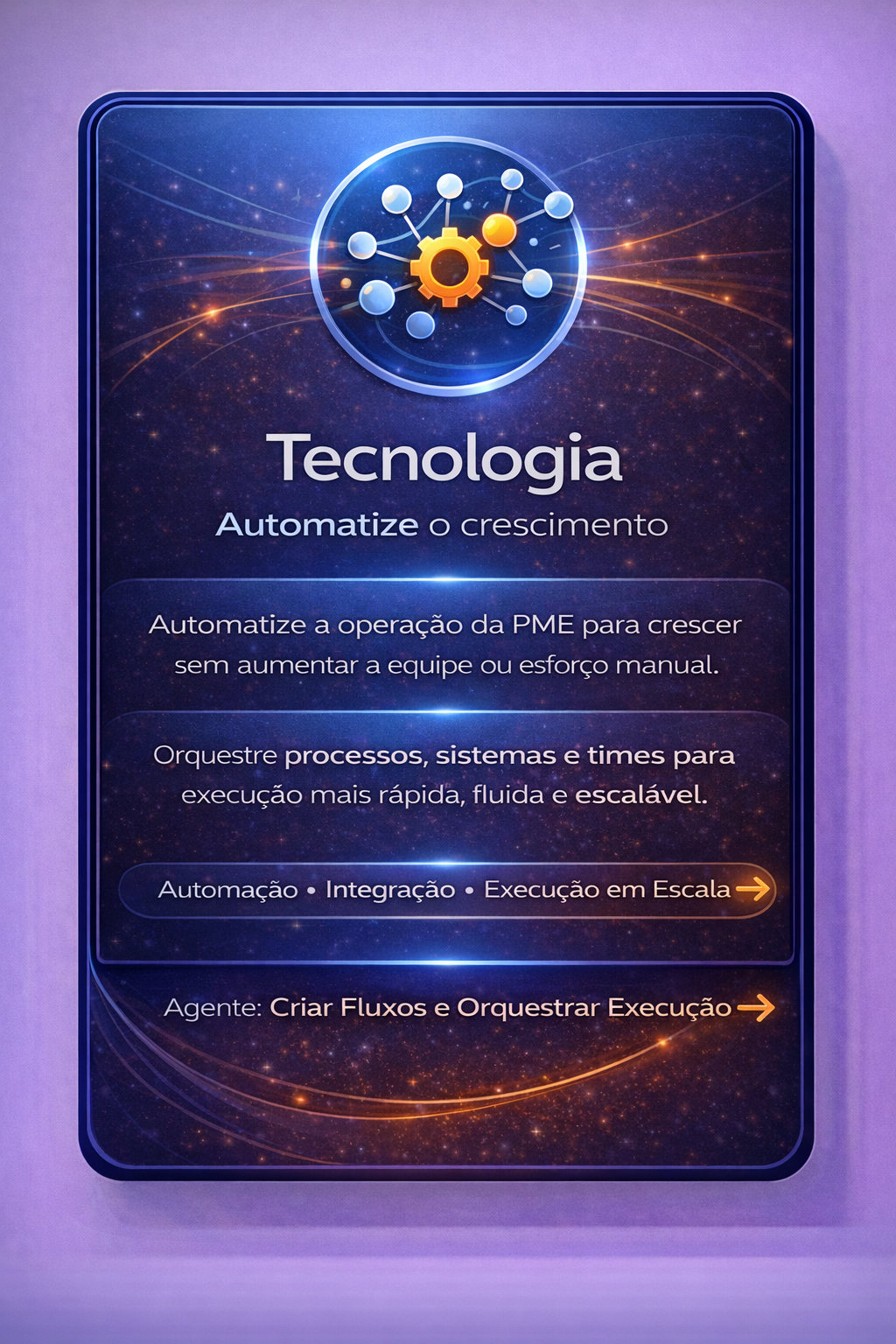 Cartaz roxo de tecnologia com ícone de engrenagens e texto em português sobre automação e crescimento.