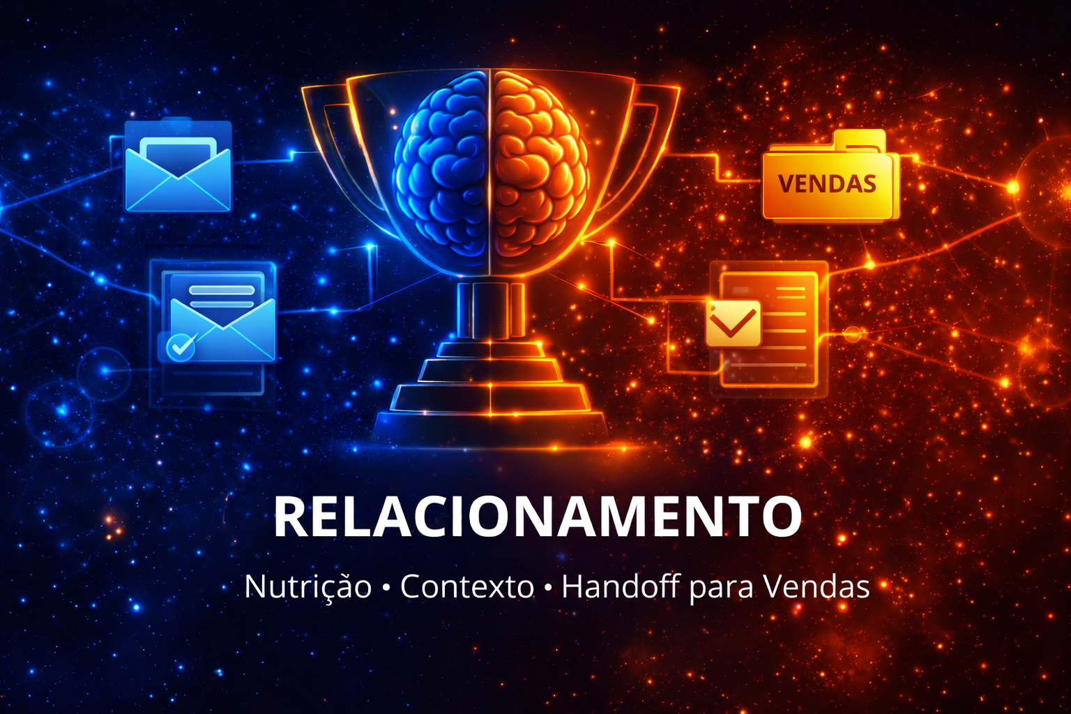 Relacionamento: cérebro azul-laranja, ícones de mensagens e vendas, texto “Nutrição • Contexto • Handoff para Vendas”