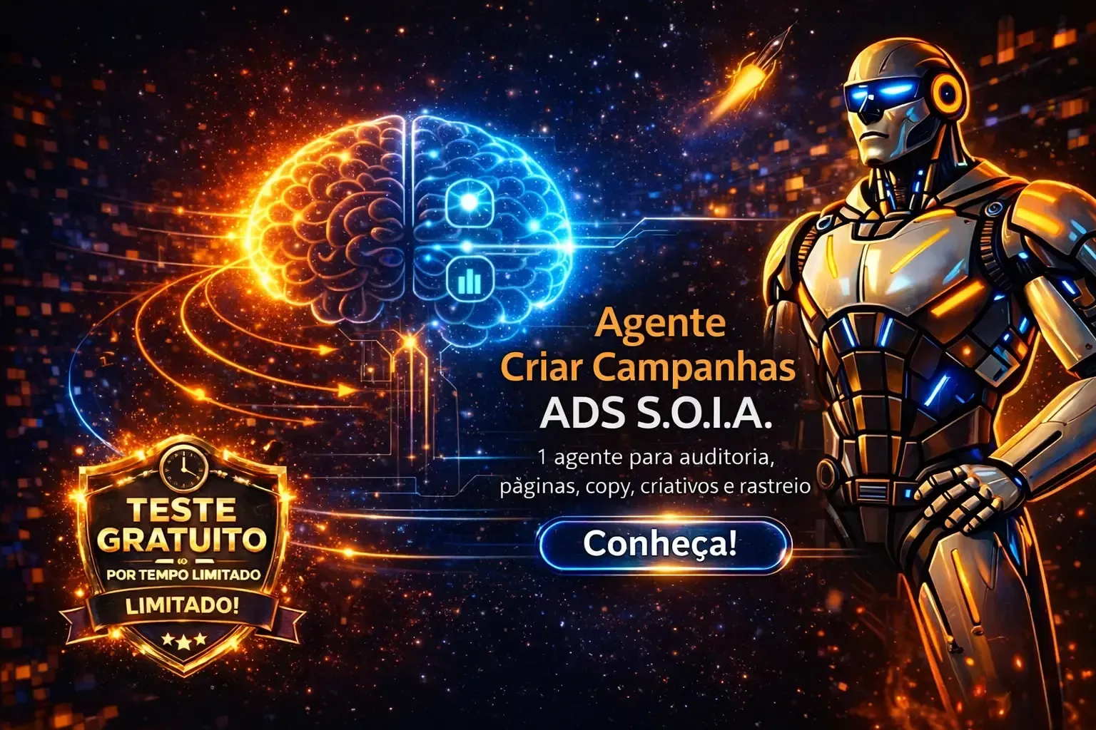 Agente IA Criar Campanhas ADS 3.0, com robô futurista, globo digital e botões “Teste gratuito” e “Conheça!”