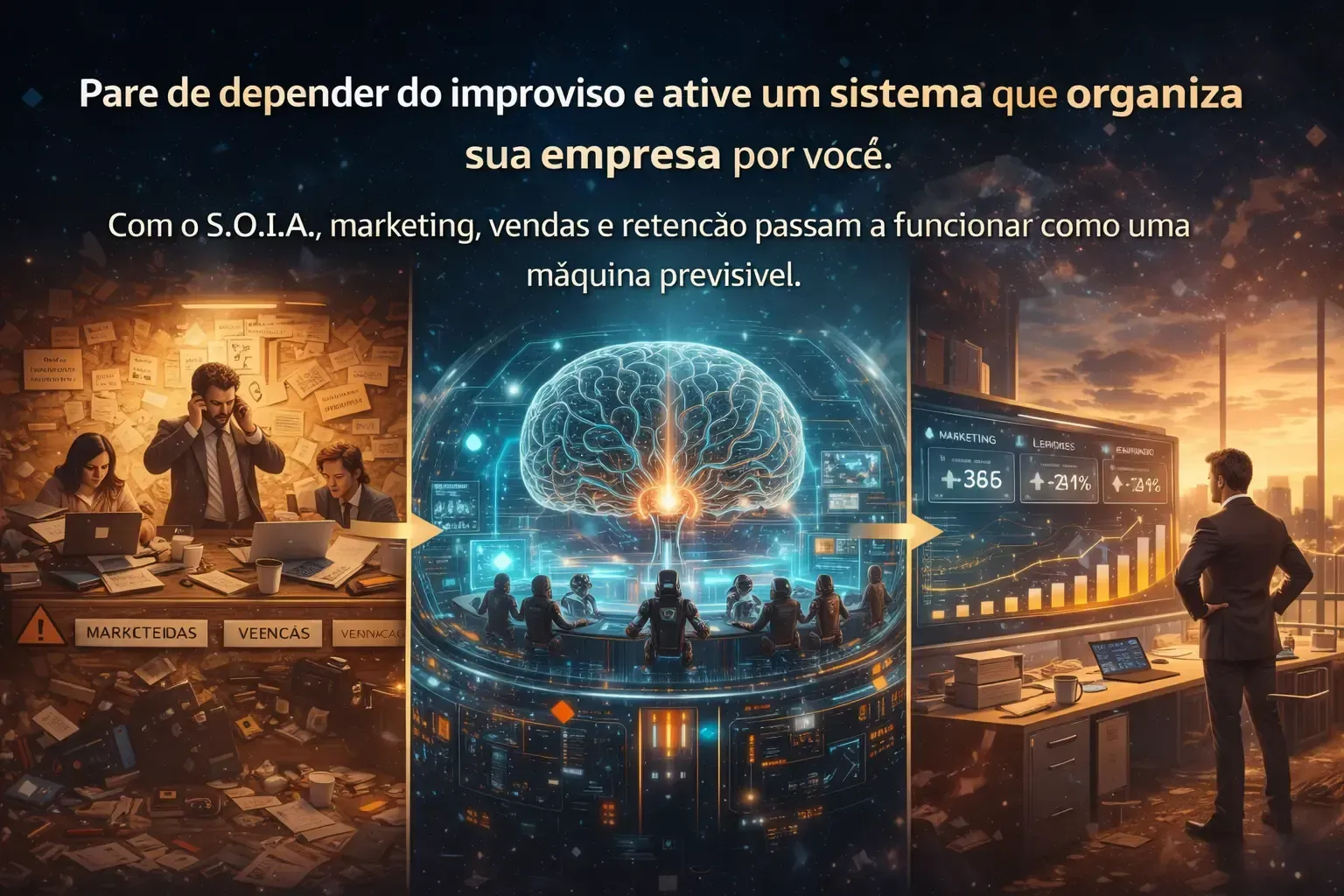 Equipe de marketing em uma mesa, centro de controle digital iluminado e gráficos de negócios com texto em português sobre suporte organizado para o crescimento.