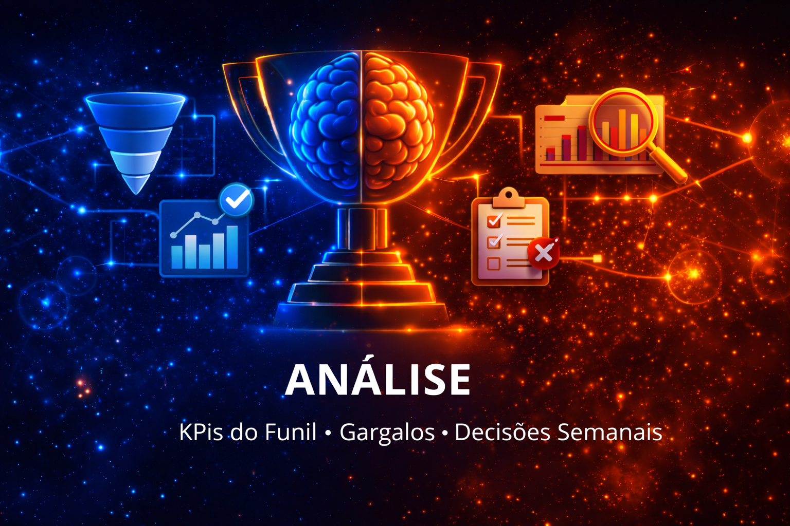 Banner de análise de KPIs em azul e laranja, com troféu e gráficos.