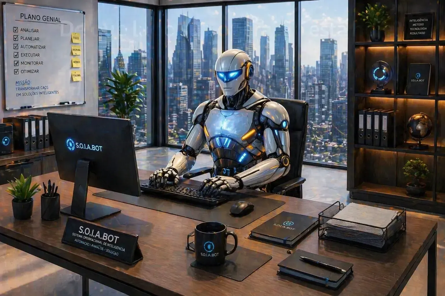 Robô em uma elegante mesa de escritório com vista para o horizonte da cidade, digitando em um teclado em meio a monitores e dispositivos eletrônicos.