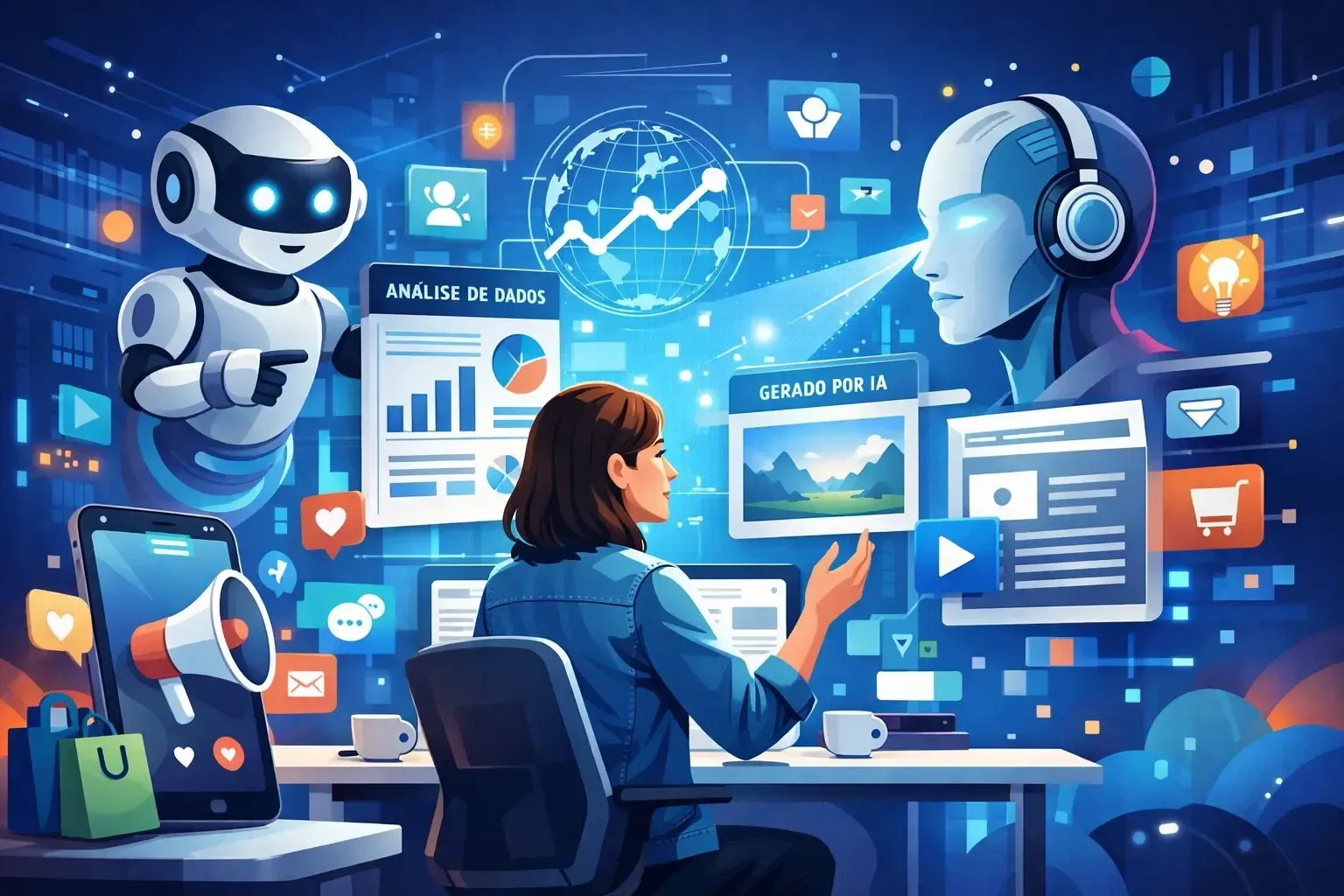 Pessoa em frente a um computador em um espaço de trabalho de IA azul, com chatbot, fone de ouvido e telas flutuantes de análise.