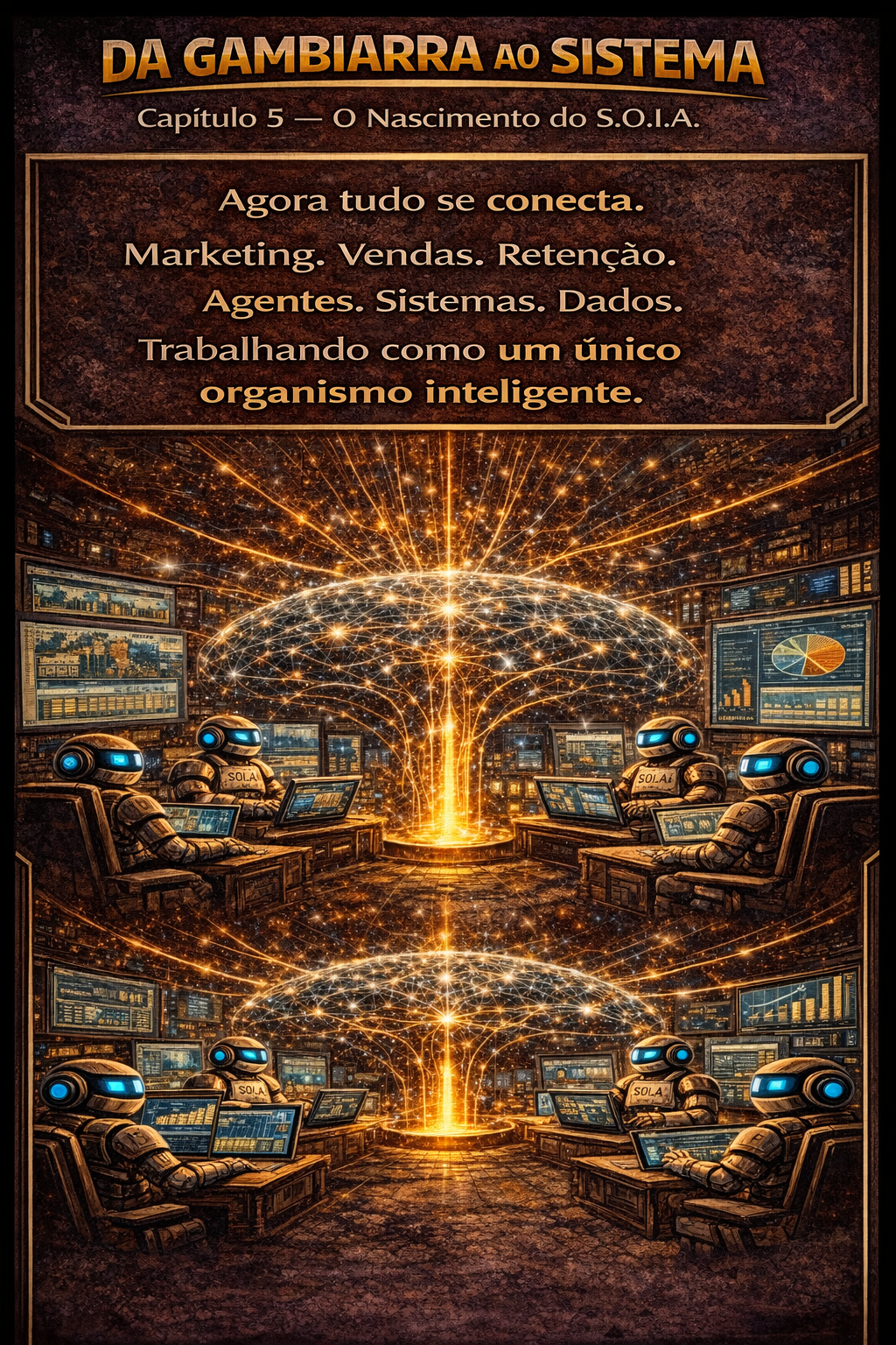 Sala de trabalho futurista dourada e azul com texto “Da gambiarra ao sistema” sobre marketing, vendas e tecnologia.
