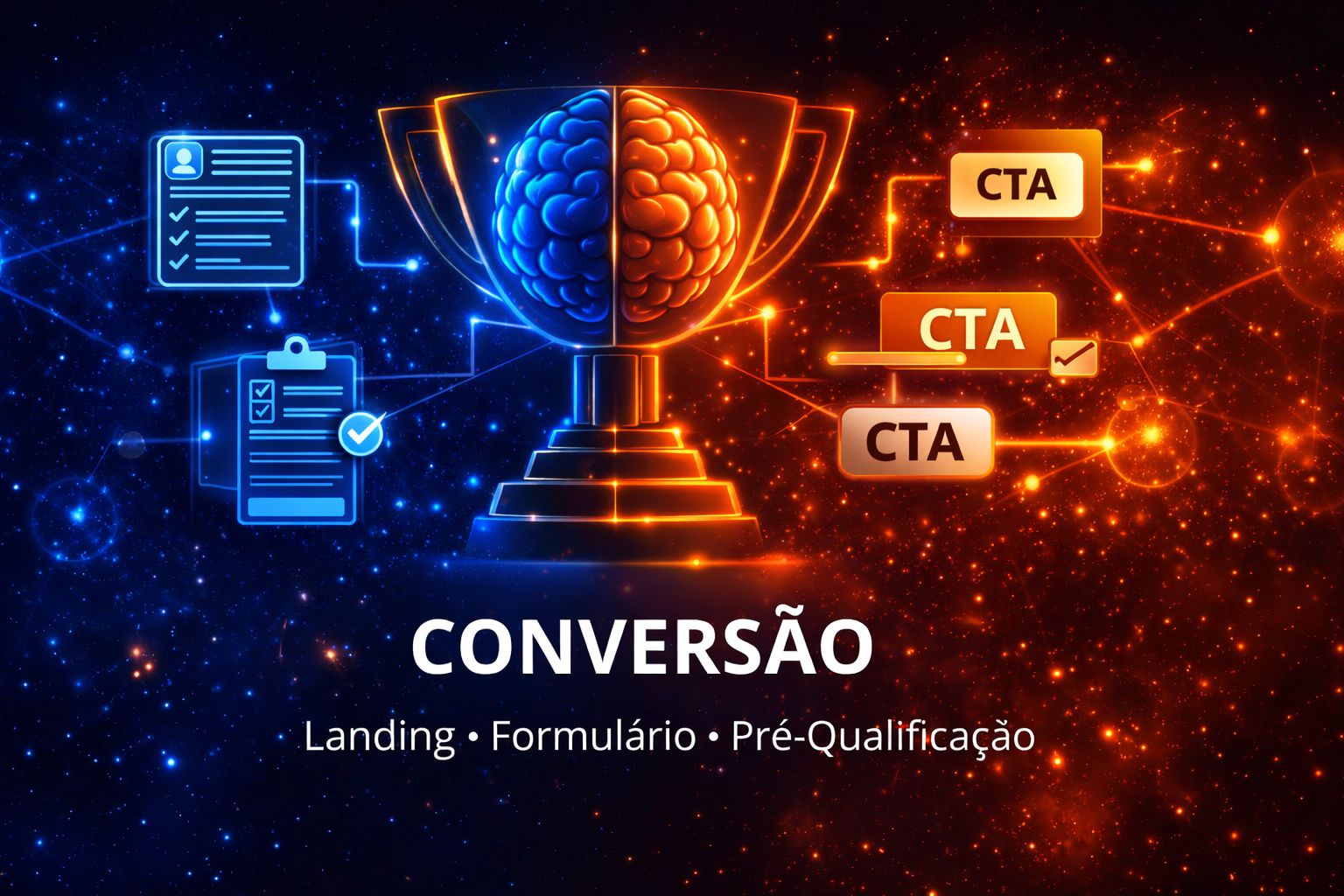 Troféu central em azul e laranja, com ícones de documentos e CTAs, e texto “CONVERSÃO” sobre fundo espacial.