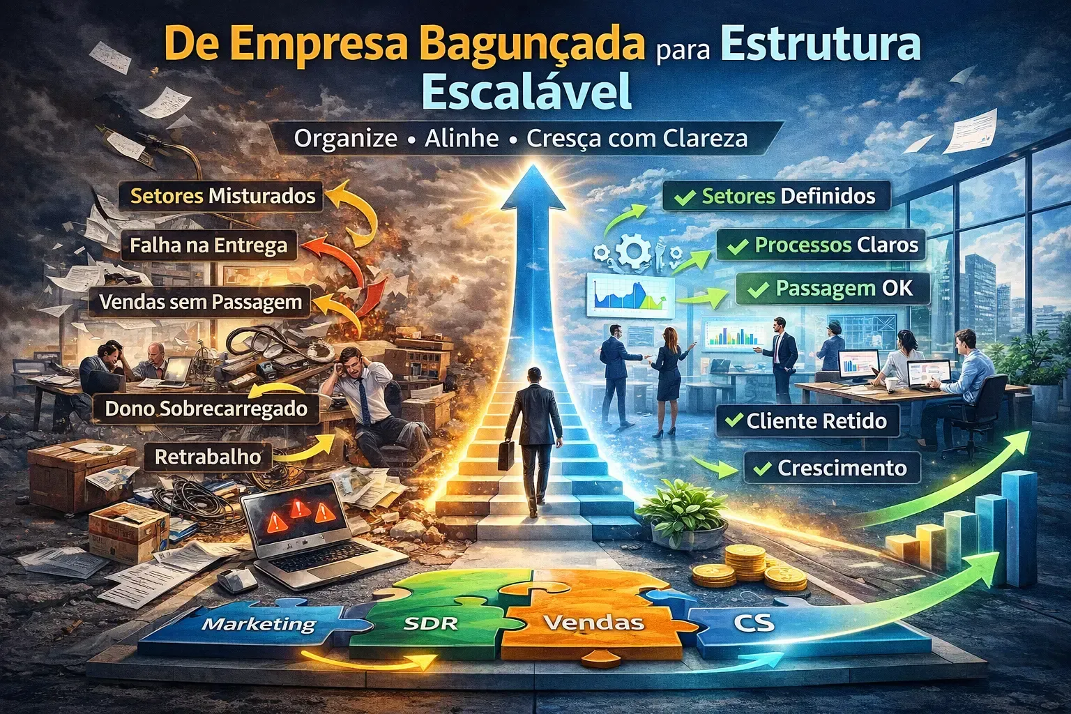 Infográfico em azul e dourado com escada, setas, gráficos e texto “De Empresa Bagunçada para Estrutura Escalável”