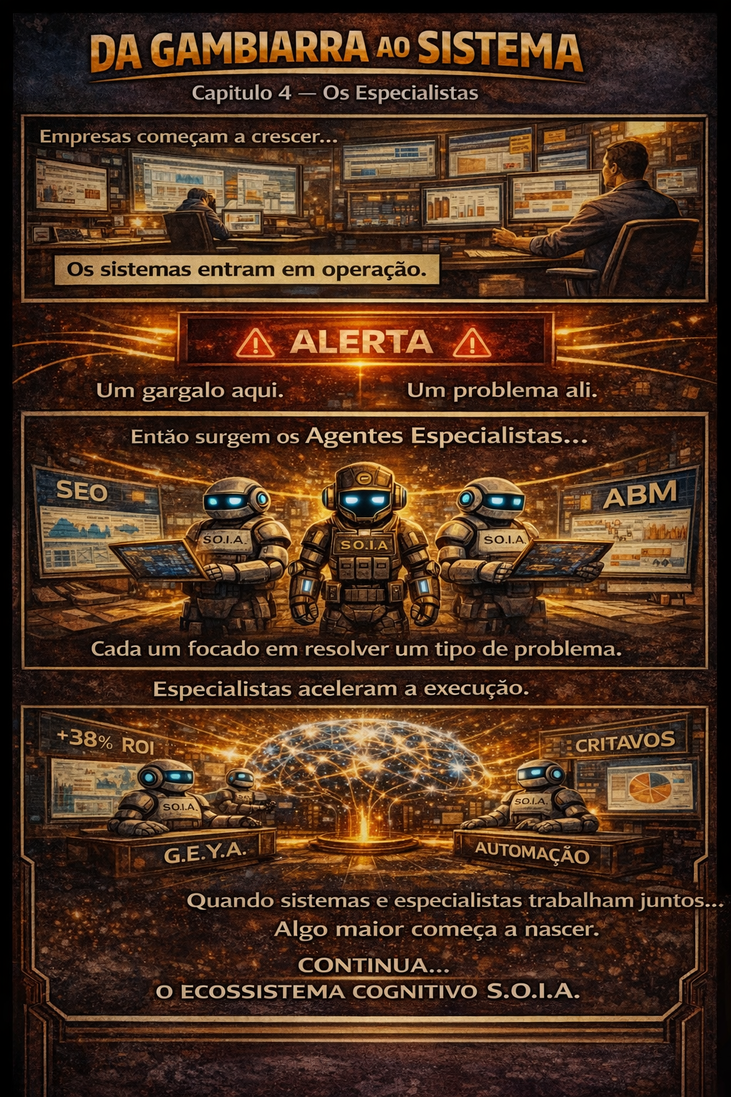 Infográfico com dois painéis em tons quentes de um homem em uma mesa, intitulados “Da gambiarra ao sistema” e “Alerta”.