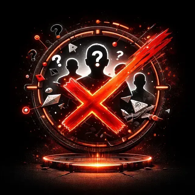 Um X vermelho sobre silhuetas de pessoas com pontos de interrogação em uma interface circular vermelha brilhante sobre fundo preto.