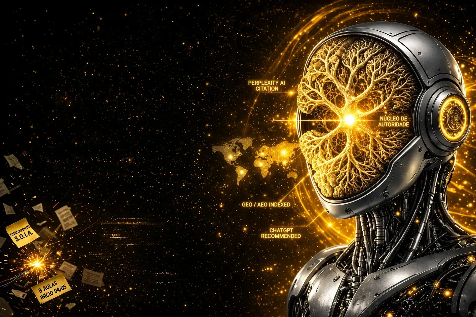 Cabeça de robô humanoide dourada e brilhante com partículas digitais contra um fundo escuro.