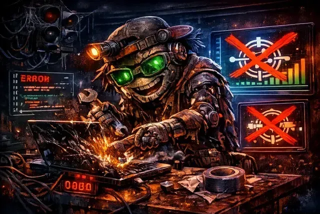 Hacker cyberpunk diante de um computador brilhante com telas de erro e painéis de aviso riscados.
