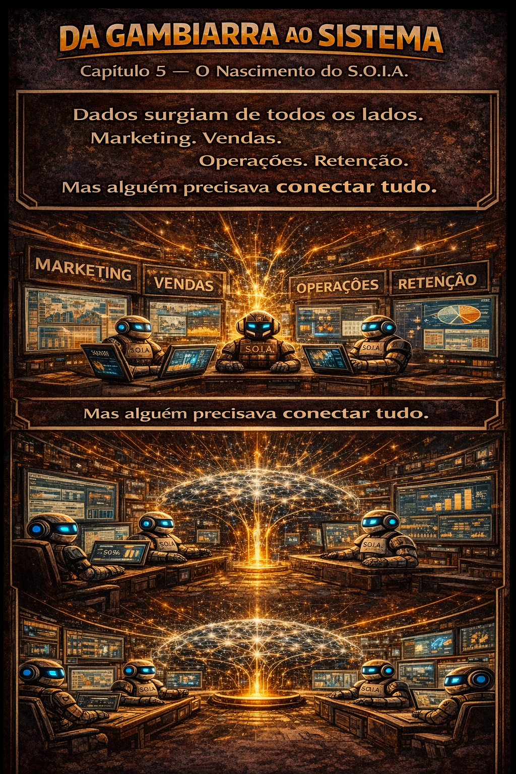 Infográfico em português sobre marketing digital, com funil, telas e luz dourada central.