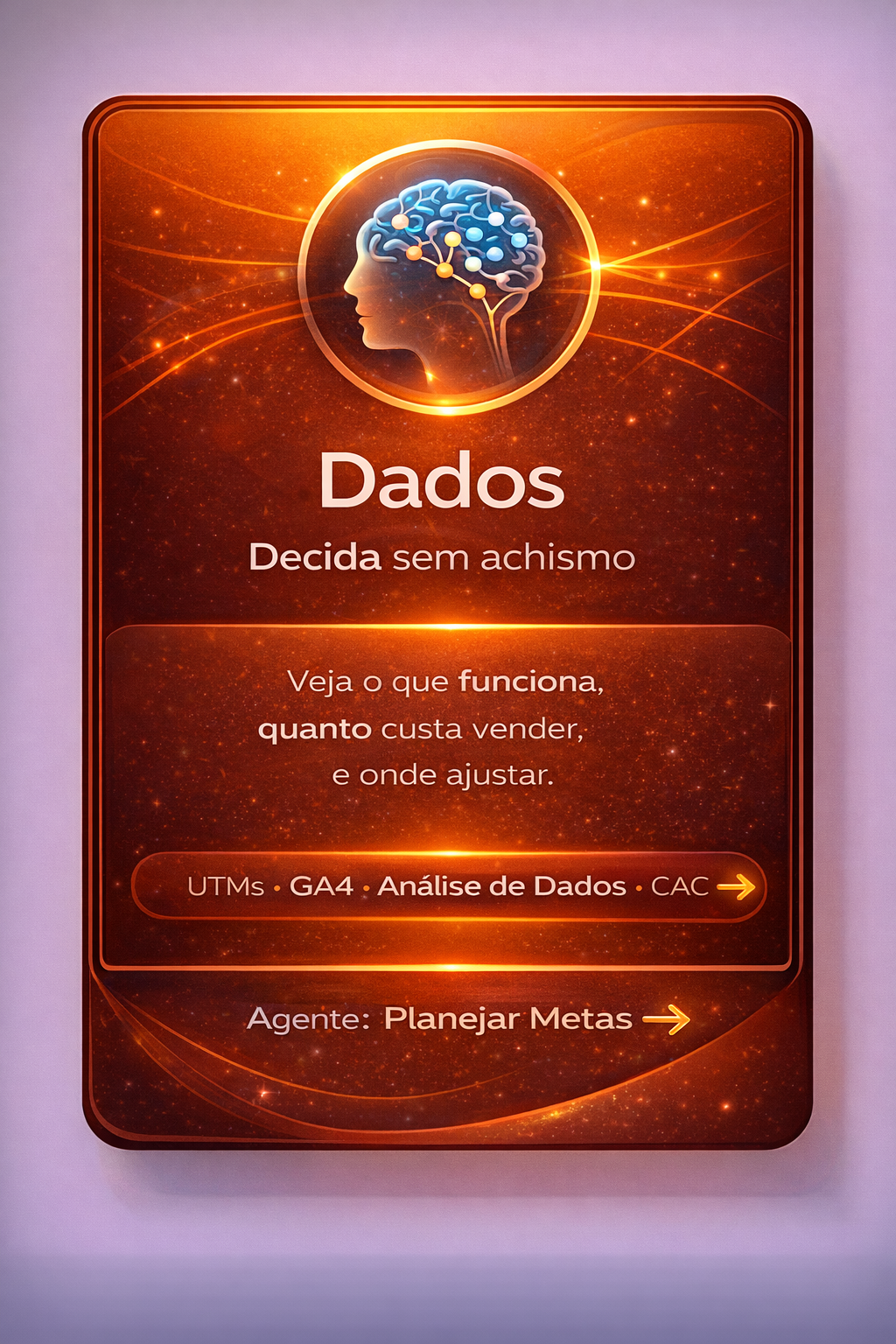 Cartão laranja com um cérebro digital e o título “Dados” sobre fundo com linhas brilhantes.