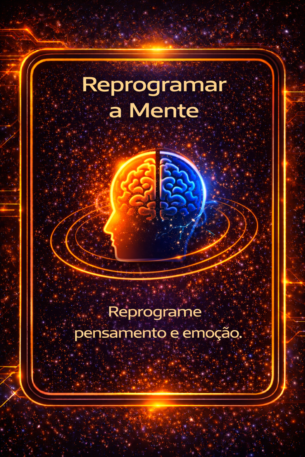 Pôster neon com cérebro dividido em laranja e azul e texto em português: “Reprogramando a Mente”.