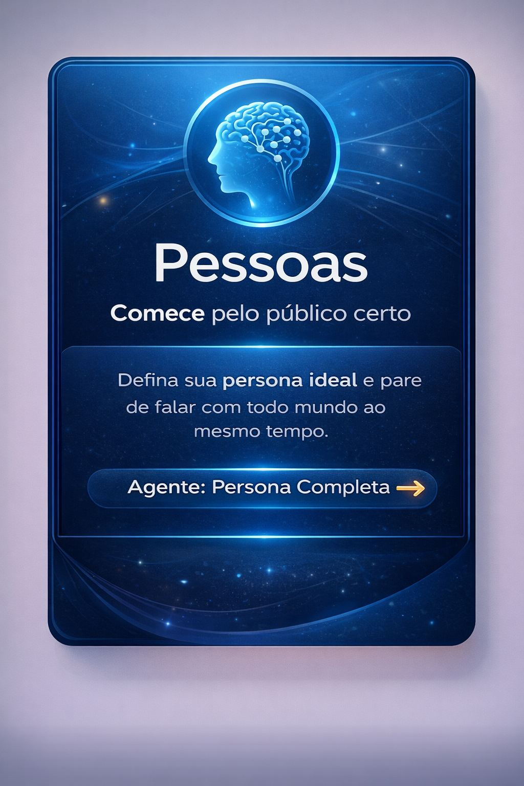 Cartaz azul com o título “Pessoas” e um botão “Agente Persona Completa” sobre fundo tecnológico.