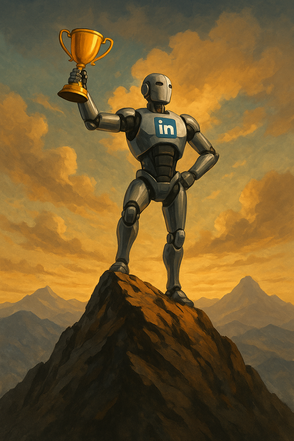 Uma figura robótica com o logotipo do LinkedIn segura um troféu de ouro no topo de uma montanha ao pôr do sol.