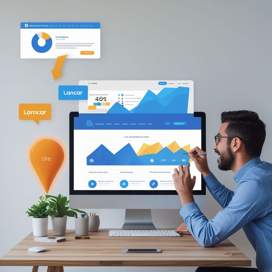 Homem analisando um painel de dados azul e laranja em um computador de mesa em um escritório moderno.