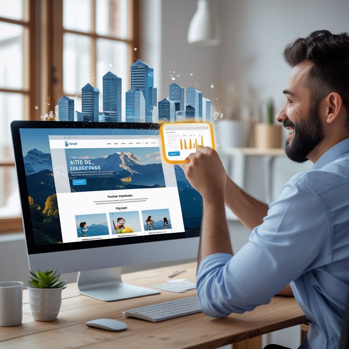 Homem sorrindo para o painel do computador com gráficos do horizonte da cidade e tabelas analíticas em um escritório bem iluminado.