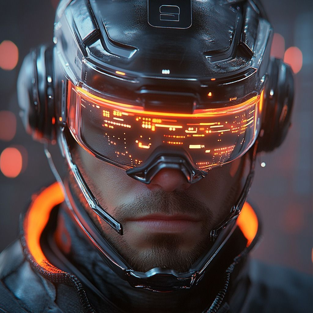 Capacete blindado futurista com viseira laranja brilhante e reflexos na viseira, retrato em close-up