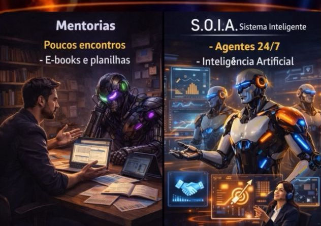 Banner promocional dividido: mentoria com pessoas estudando à esquerda e IA robótica com texto “S.O.I.A. Sistema Inteligente” à direita.