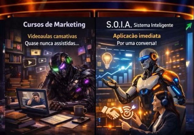 Arte promocional de cursos de marketing e S.O.L.A.I., com robôs em telas digitais e estilo futurista.