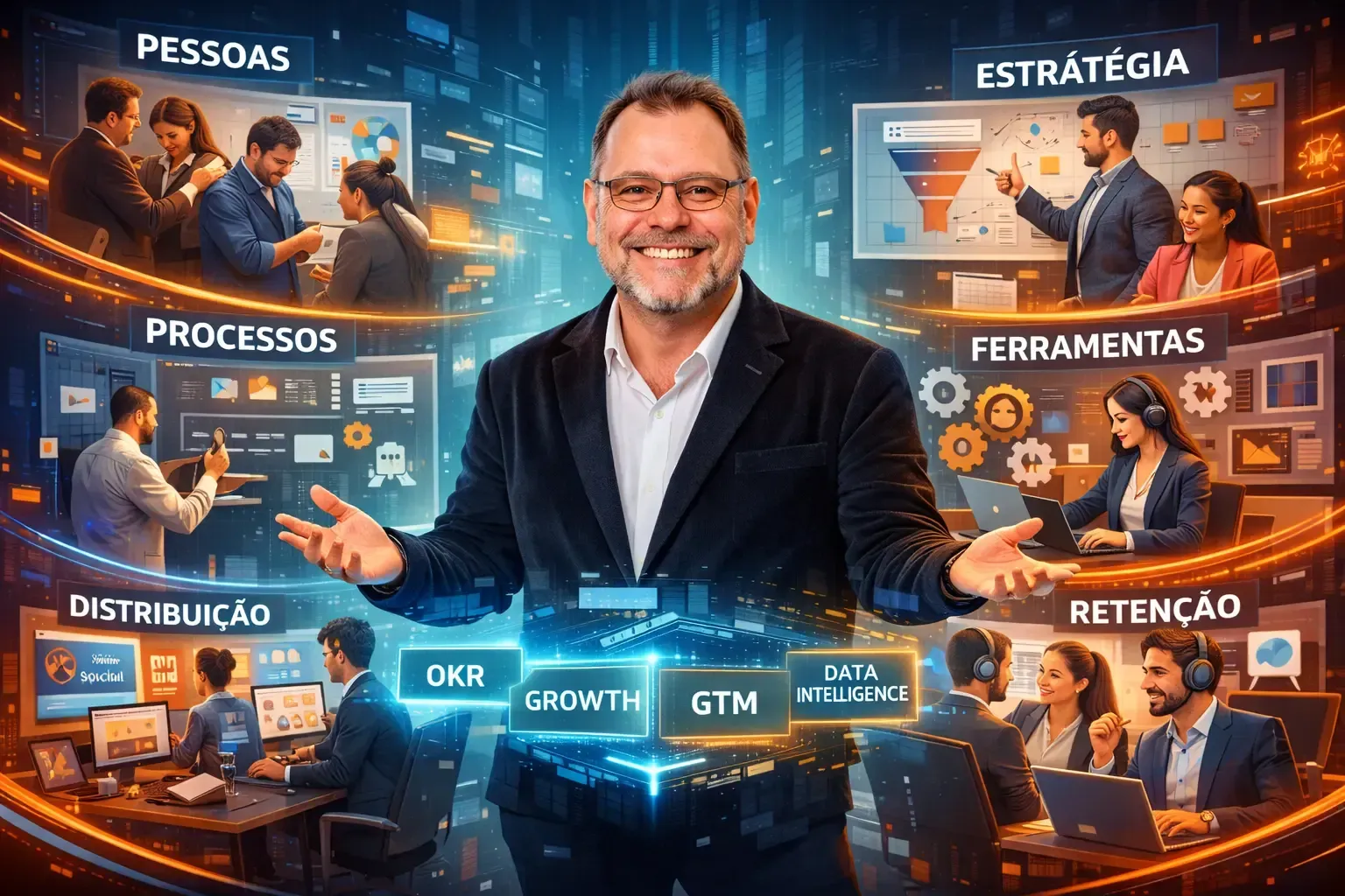 Homem de terno no centro de um painel estratégico azul-alaranjado, cercado por etiquetas: pessoas, processos, distribuição, retenção, ferramentas.