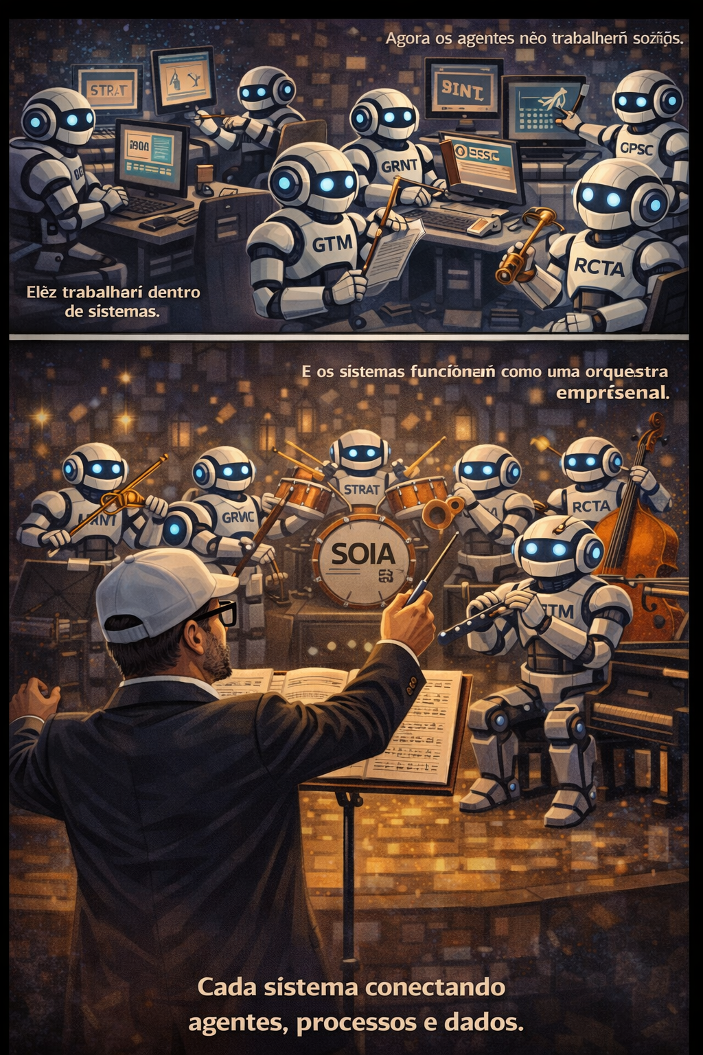 Homem gesticulando em direção a uma sala de controle repleta de robôs, com telas e monitores brilhantes, em uma ilustração de cena dividida.