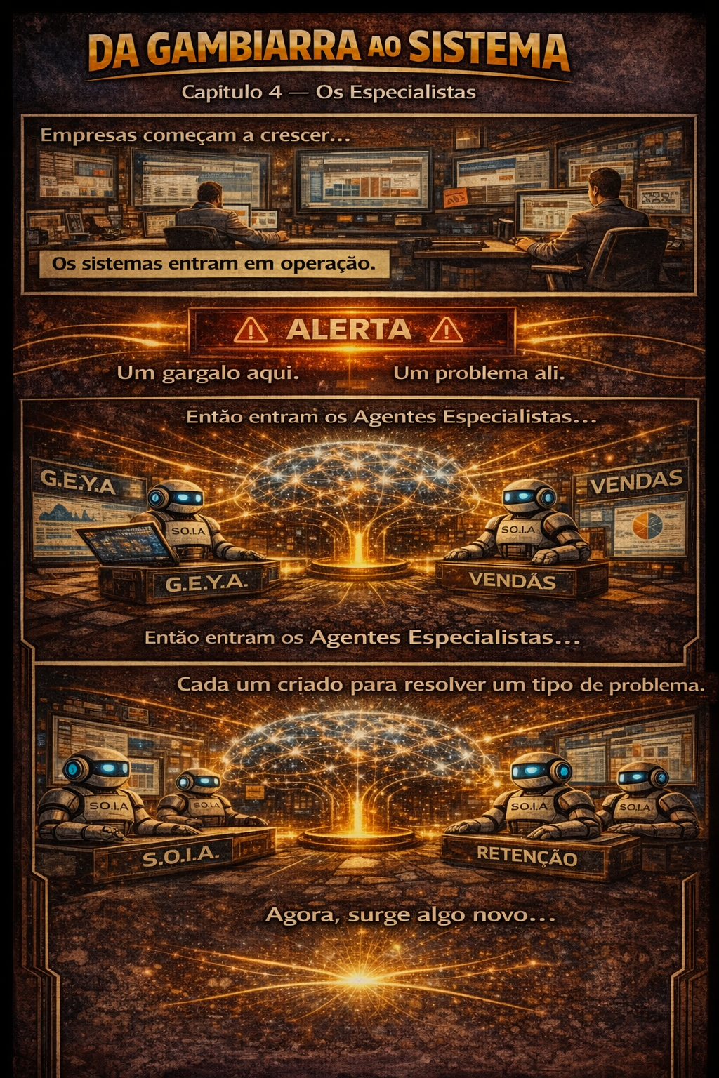 Infográfico de fantasia em tons de marrom escuro intitulado “Da Gambiarra ao Sistema”, com cenas urbanas iluminadas e seções identificadas.