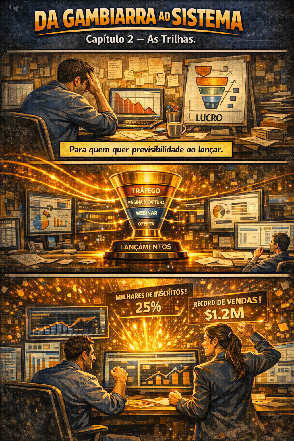 Infográfico em tons dourados sobre sistema e lucro, com telas, funil e pessoas analisando gráficos.