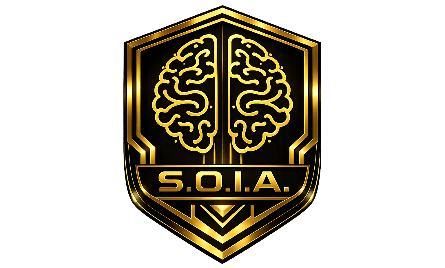 Logotipo em forma de escudo preto e dourado com um cérebro estilizado e o texto “SOIA”.