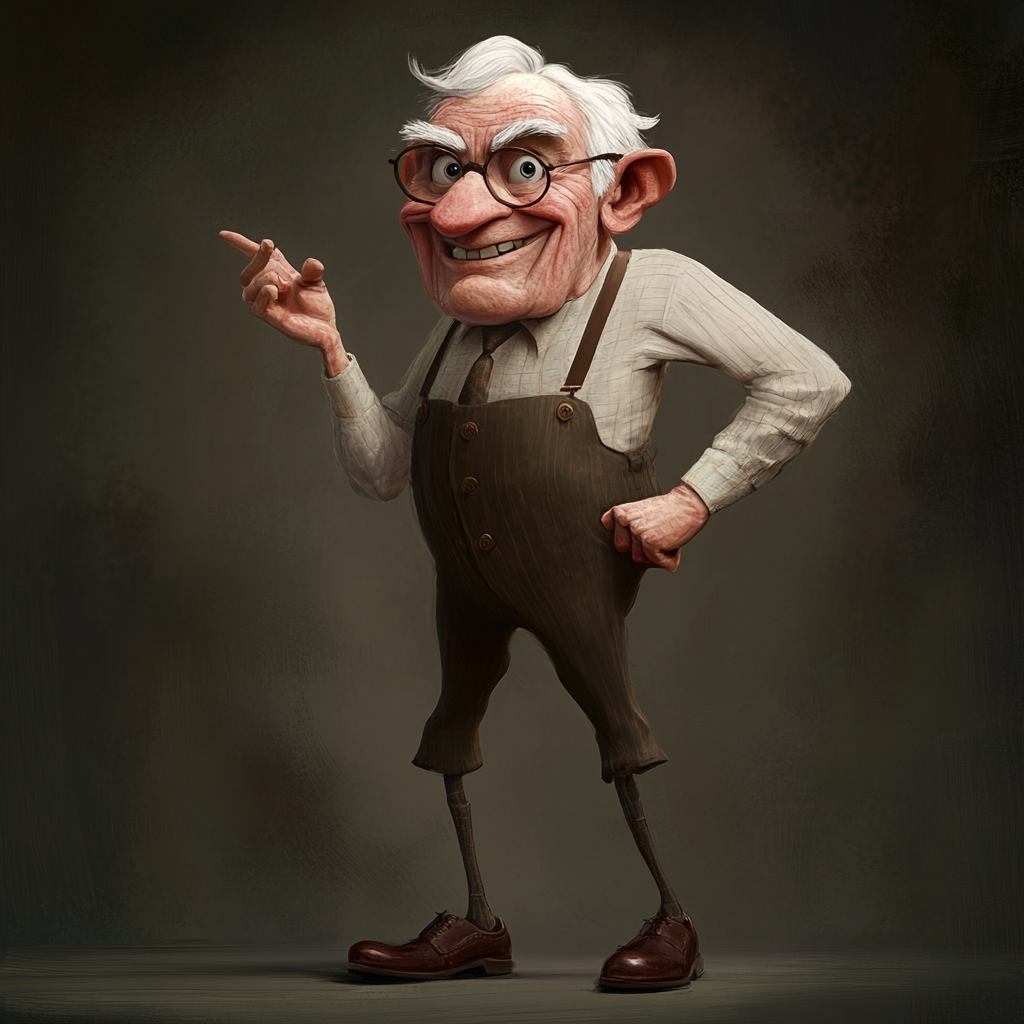 Mecânico sorridente de desenho animado, usando óculos, macacão marrom e com a mão levantada, sobre um fundo escuro.