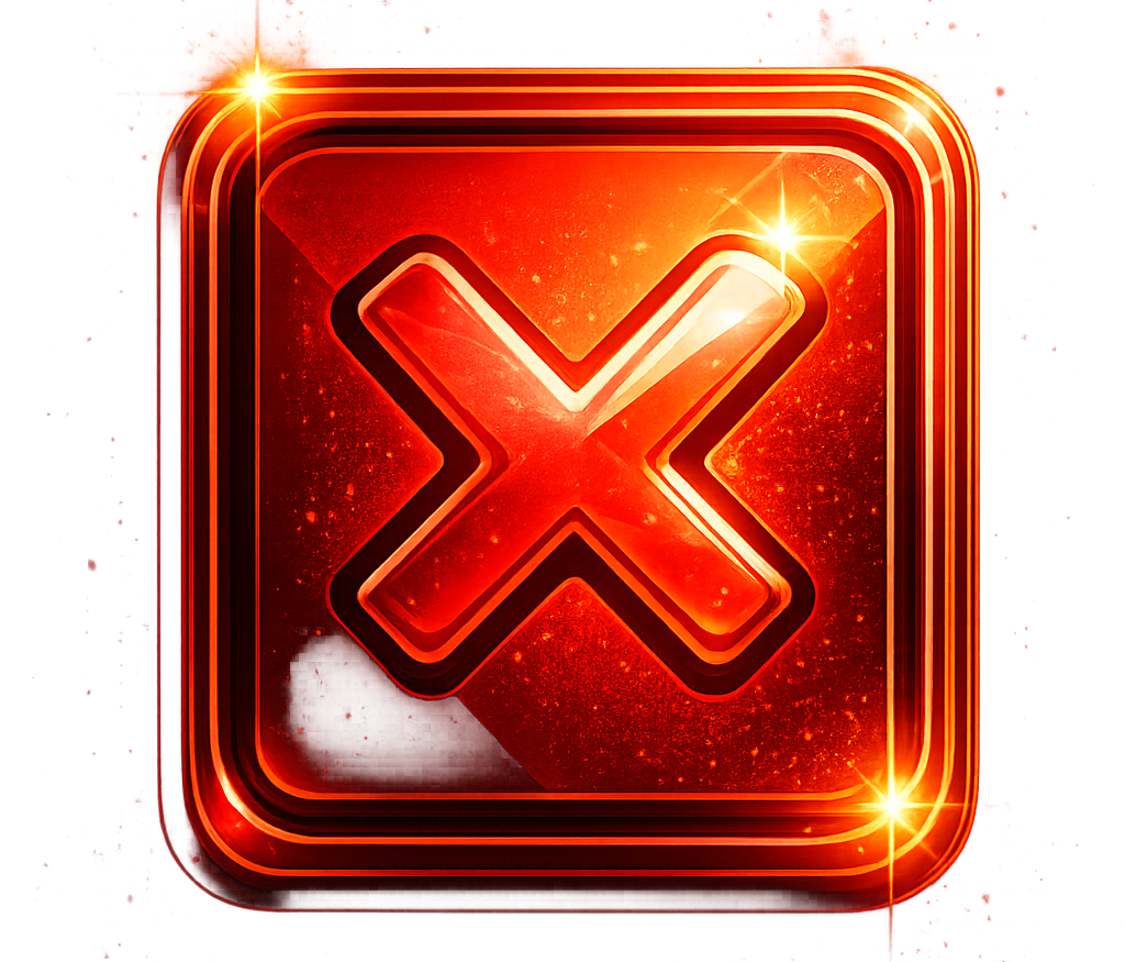Ícone quadrado vermelho brilhante com um X laranja luminoso e brilhos.