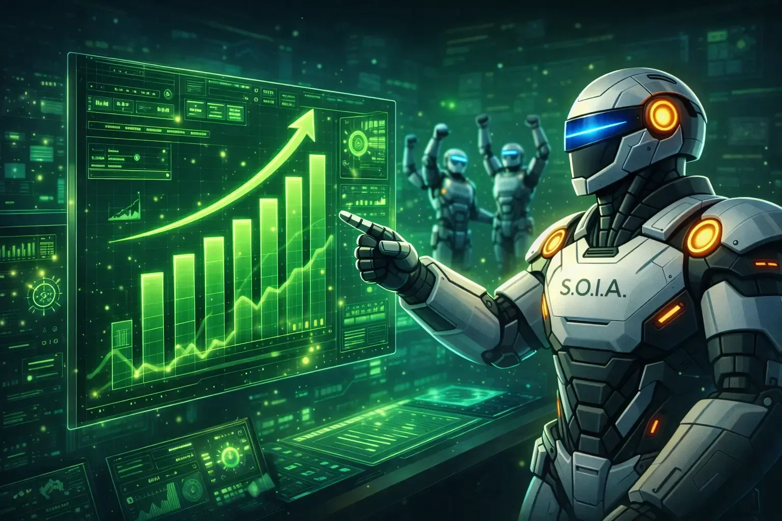 Robô futurista apresentando um gráfico de crescimento verde brilhante em um painel digital.