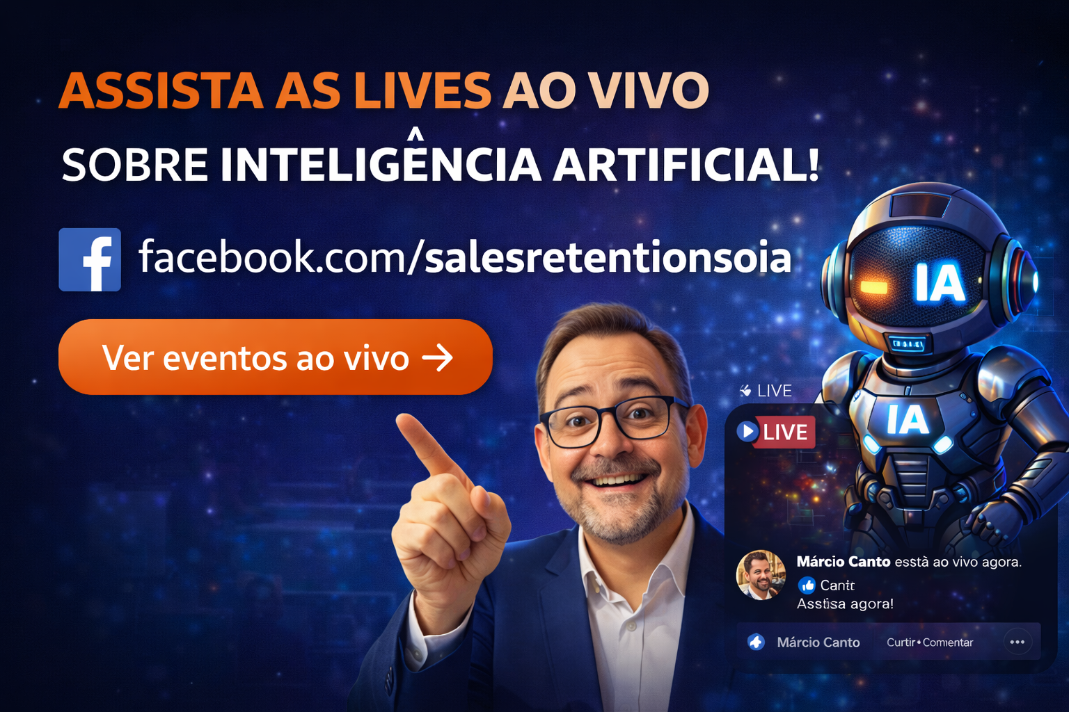 Banner promocional de live sobre inteligência artificial, com homem apontando e ícones de IA em fundo azul.