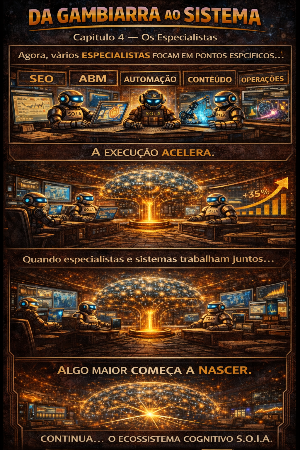 Infográfico em tons dourados e escuros sobre IA, com painéis de dados e texto “Da gambiarra ao sistema”