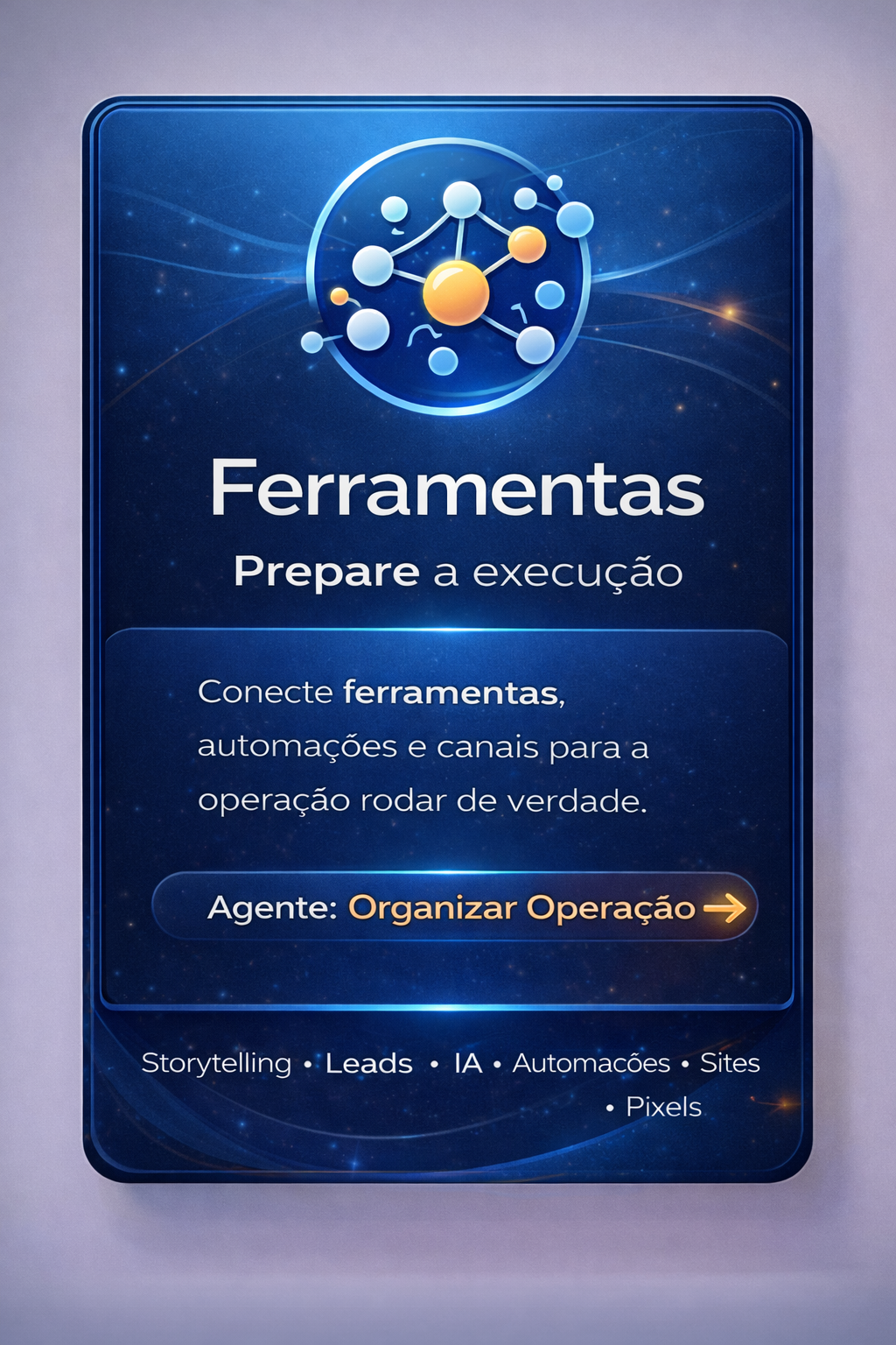 Cartaz azul com ícone de rede, título “Ferramentas” e texto sobre preparar a execução de automações.