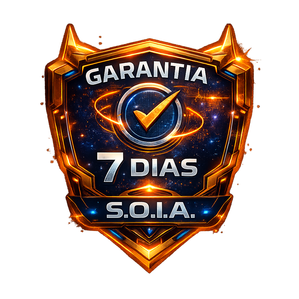 Emblema dourado e azul com texto “GARANTIA 7 DIAS S.O.I.A.” e ícone de check no centro