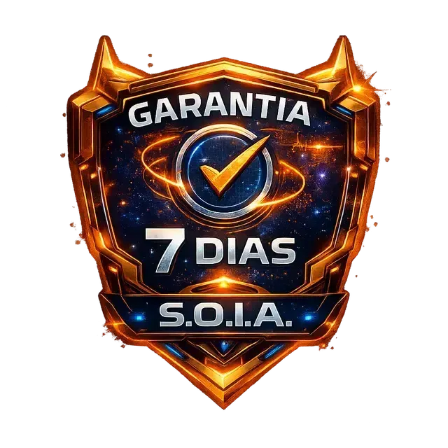 Emblema dourado e azul com texto “GARANTIA 7 DIAS S.O.I.A.” e ícone de checkmark