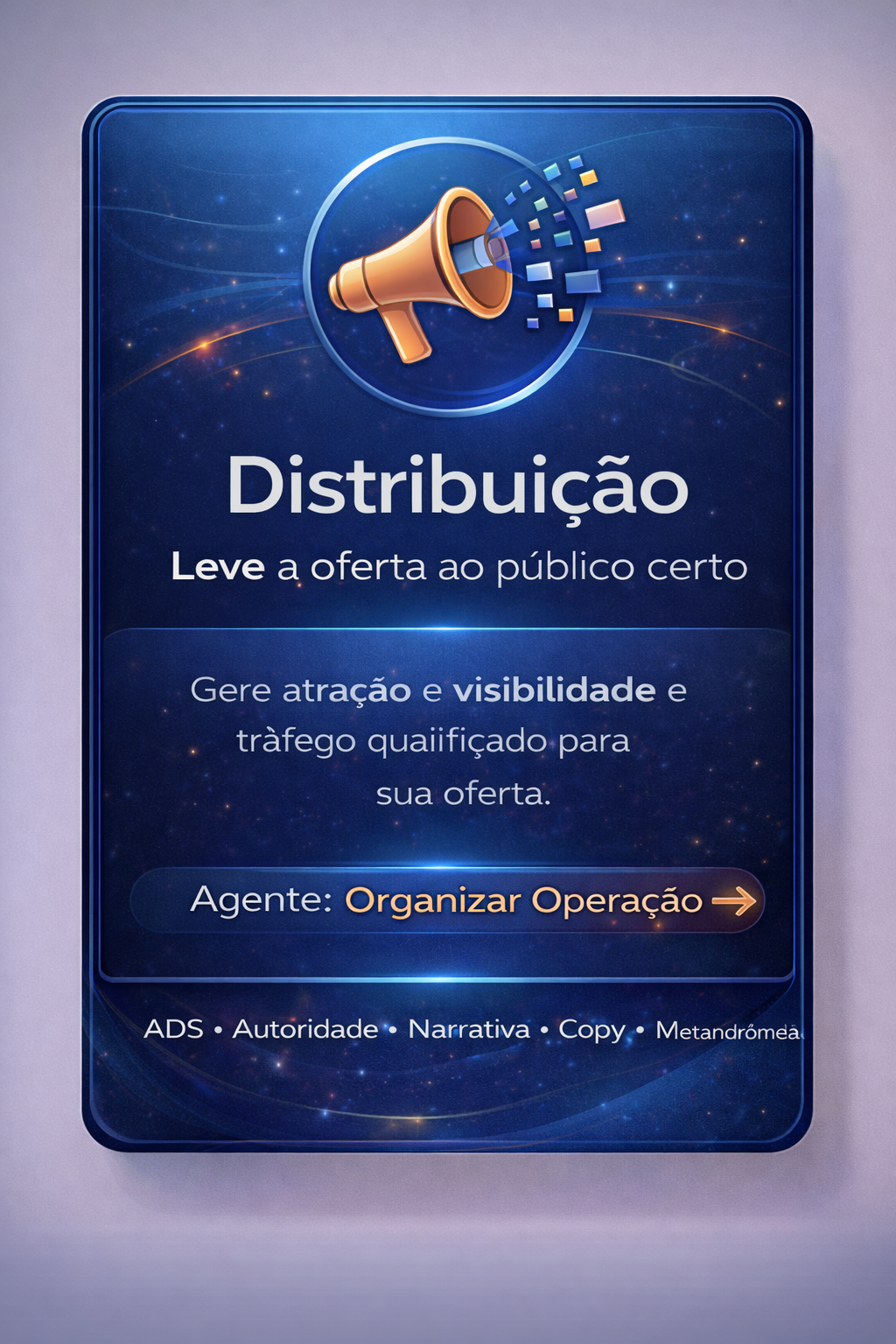 Cartaz azul escuro com megafone e texto “Distribuição” sobre levar a oferta ao público certo.