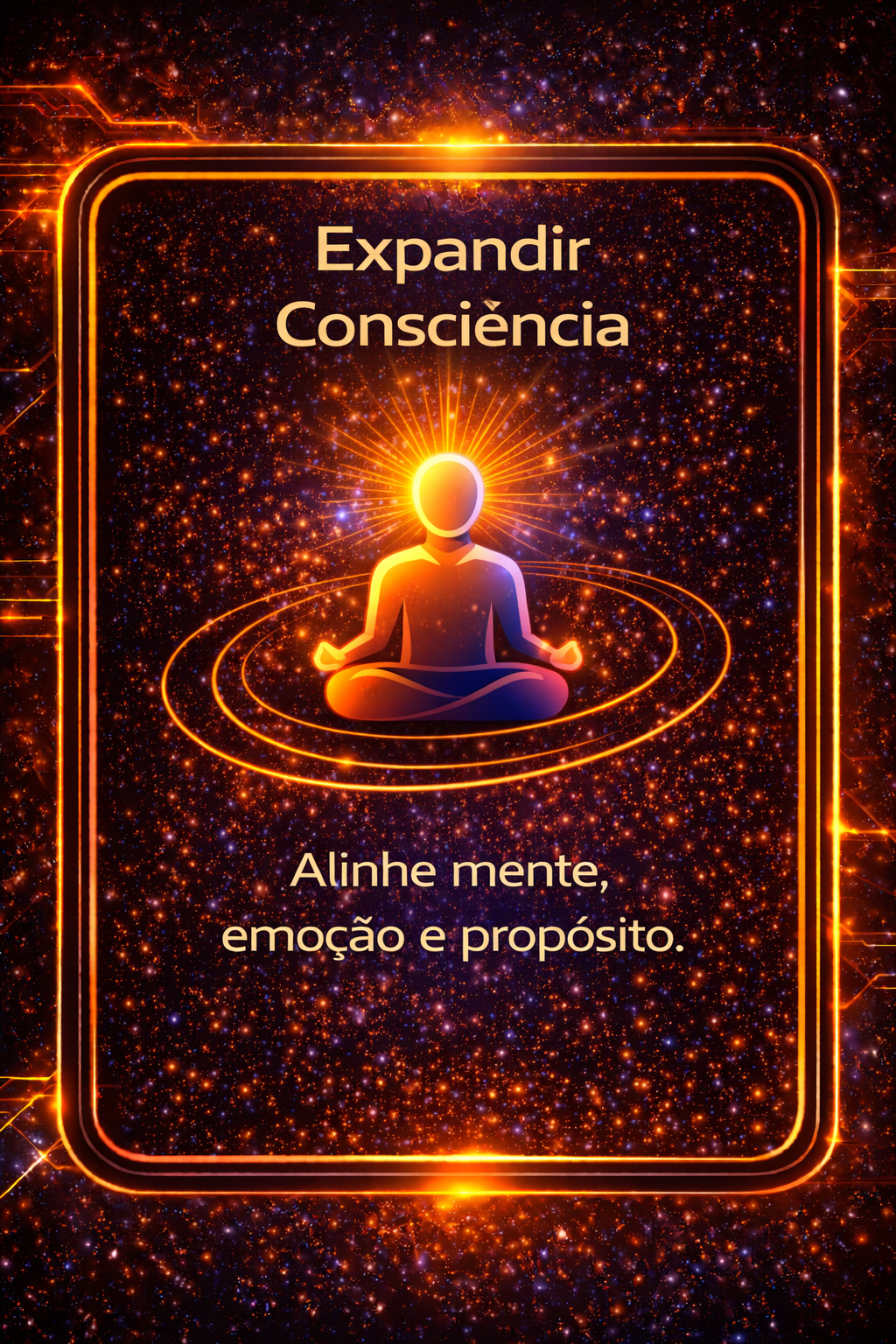 Texto em português: “Expandir Consciência”; figura meditativa em laranja sobre fundo escuro com brilhos.