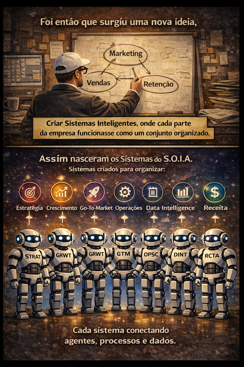 História em quadrinhos de IA sobre criação de SQL, com um trabalhador, balões de fala e fileiras de robôs em uma oficina em tons de sépia.