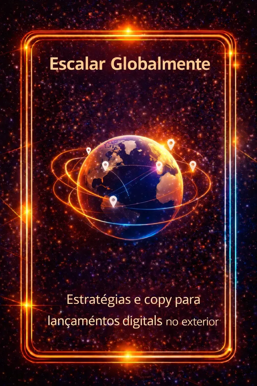 Capa em tons de laranja com globo digital e órbitas luminosas; texto: “Escalar Globalmente” e “Estratégias e copy…”