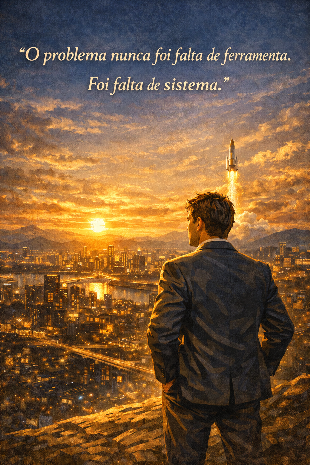 Homem em um mirante ao pôr do sol, com vista para o horizonte iluminado e a torre, com uma citação acima.