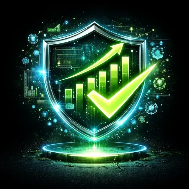 Escudo brilhante com gráfico ascendente e marca de seleção verde, simbolizando crescimento e segurança.