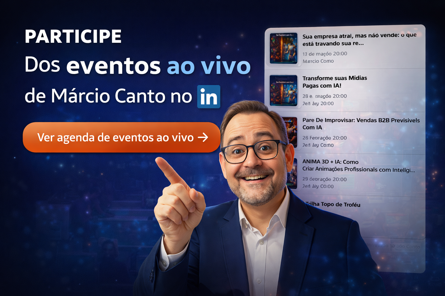 Banner azul com homem apontando para agenda de eventos ao vivo de Março Canto no In
