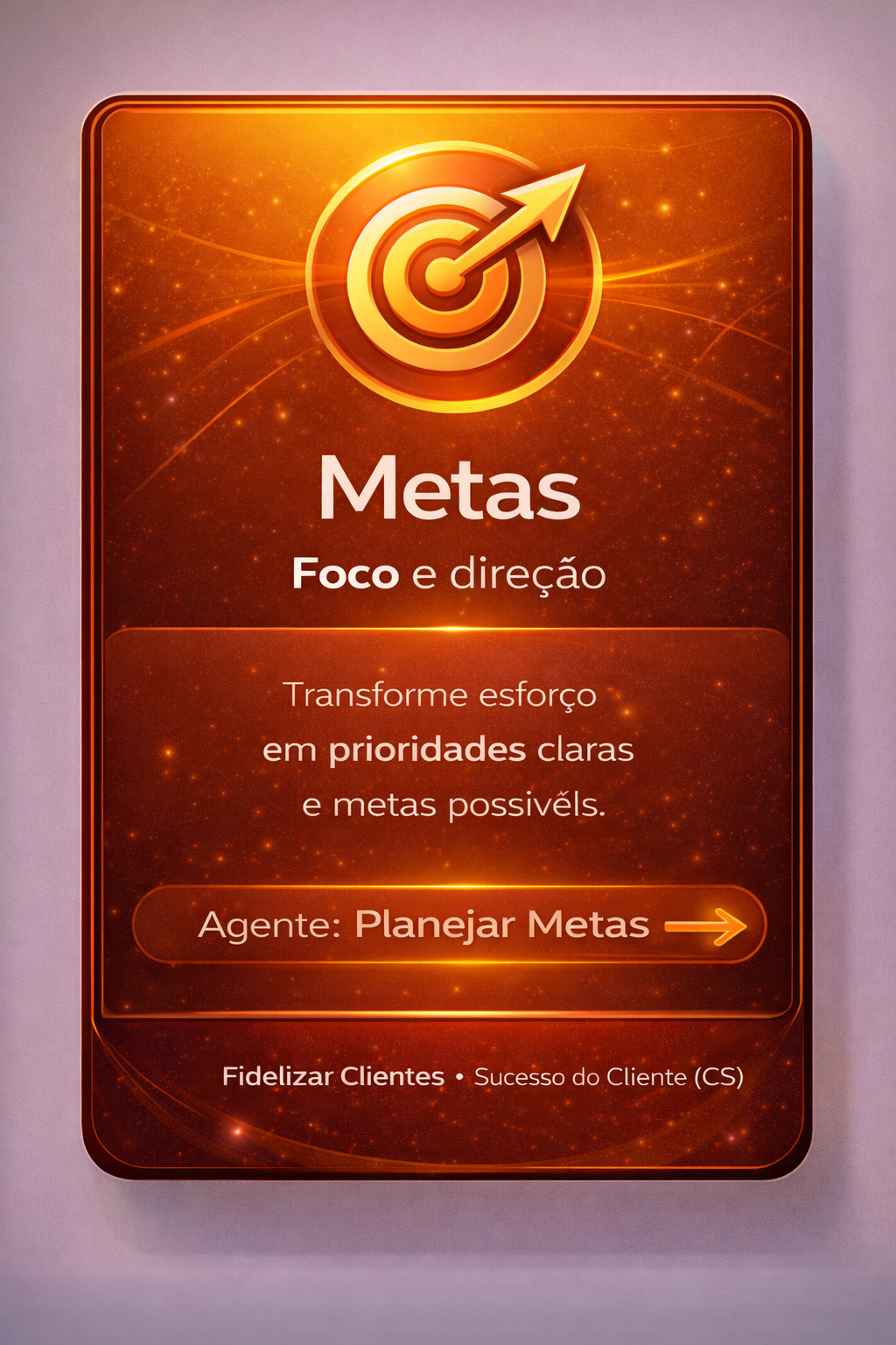 Cartaz laranja de “Metas” com alvo e seta, texto sobre foco, criação e planejar metas