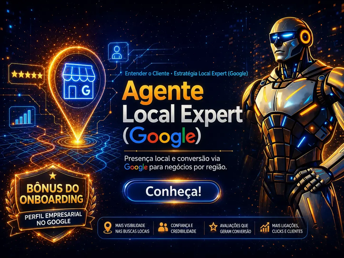 Agente Criar GPTs com robô dourado e cérebro azul; botões “Teste gratuito” e “Conheça” em fundo espacial.
