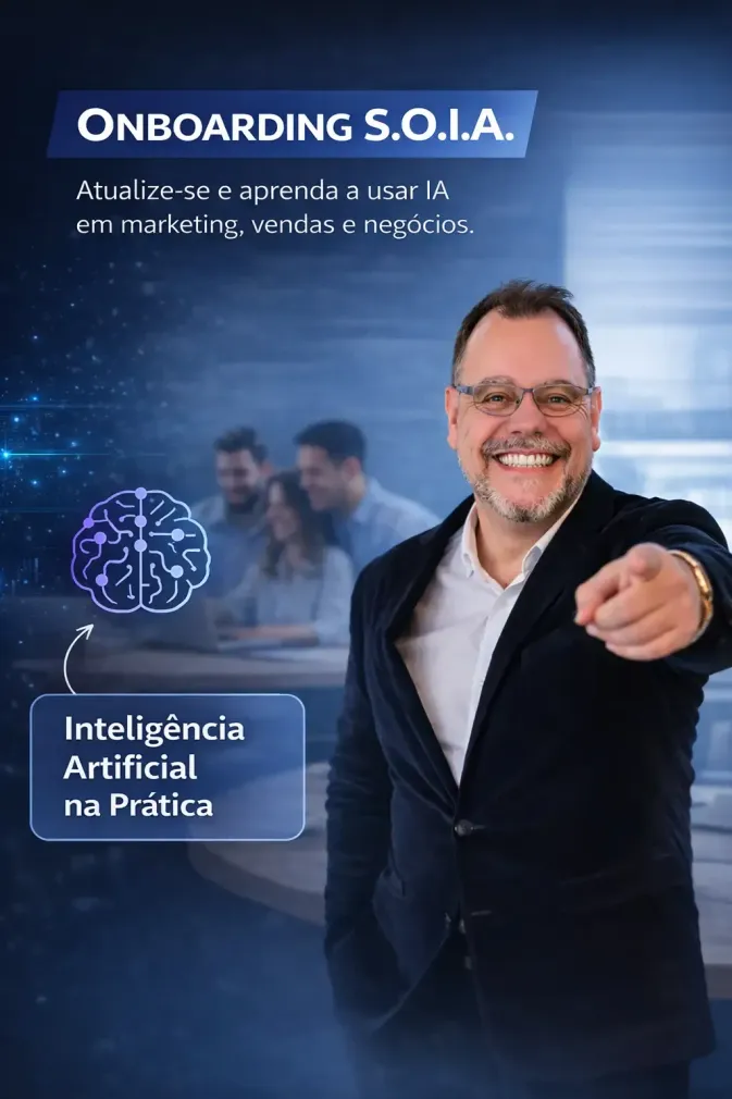 Capa de apresentação azul com homem sorridente em terno, texto “Onboarding S.O.A.” e “Inteligência Artificial na Prática”