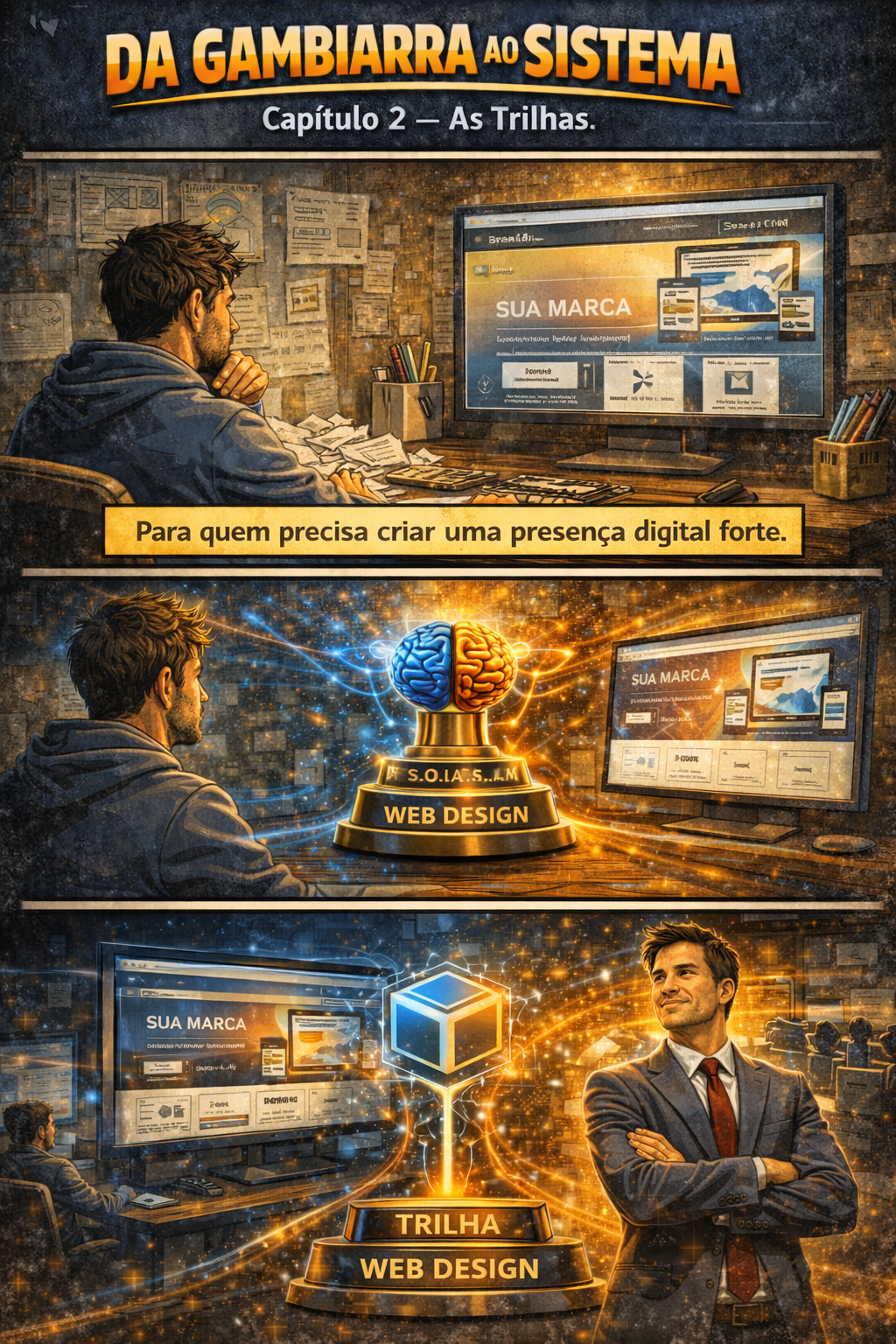 Pessoa em um escritório, olhando telas com a frase “Da gambiarra ao sistema” e destaques em laranja.