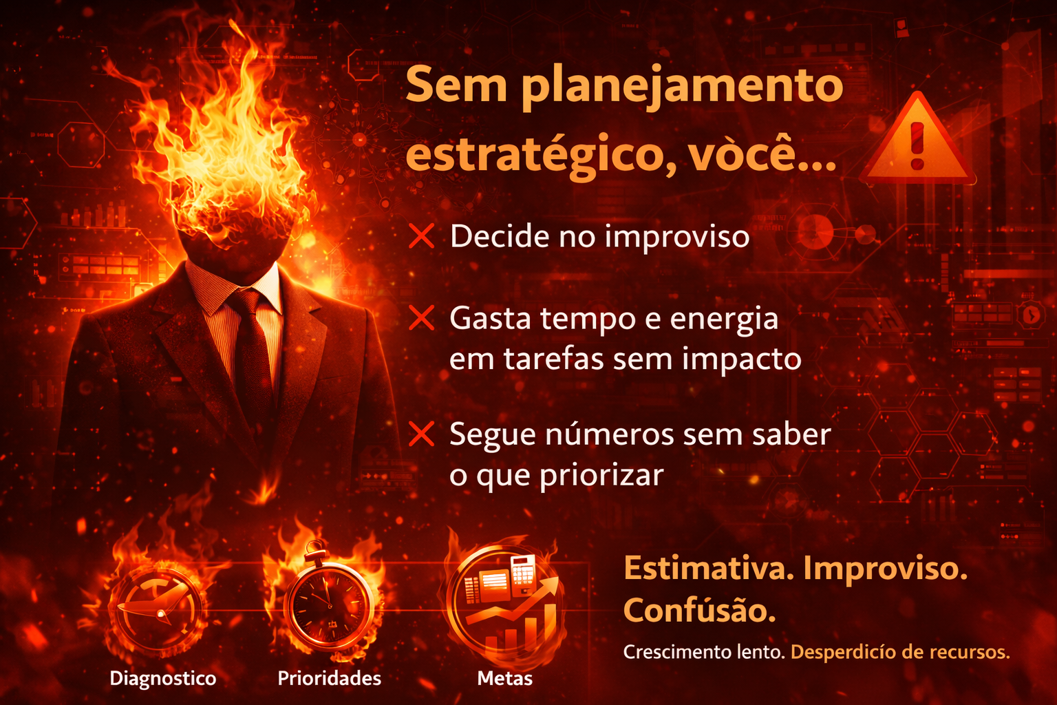 Homem em chamas com ícones de metas e texto sobre falta de planejamento estratégico e improviso.